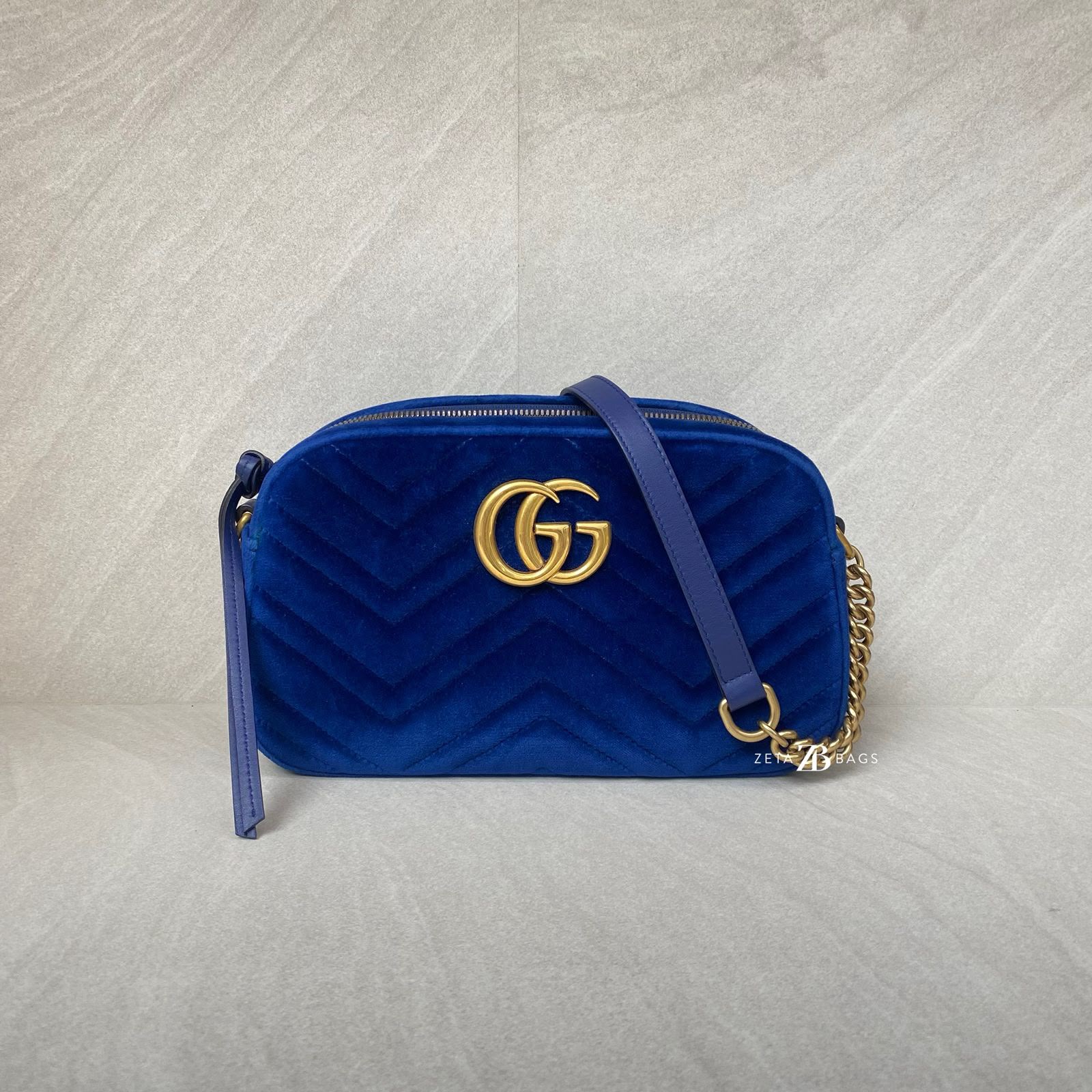 Gucci Marmont Camera Small Velvet Blue GHW