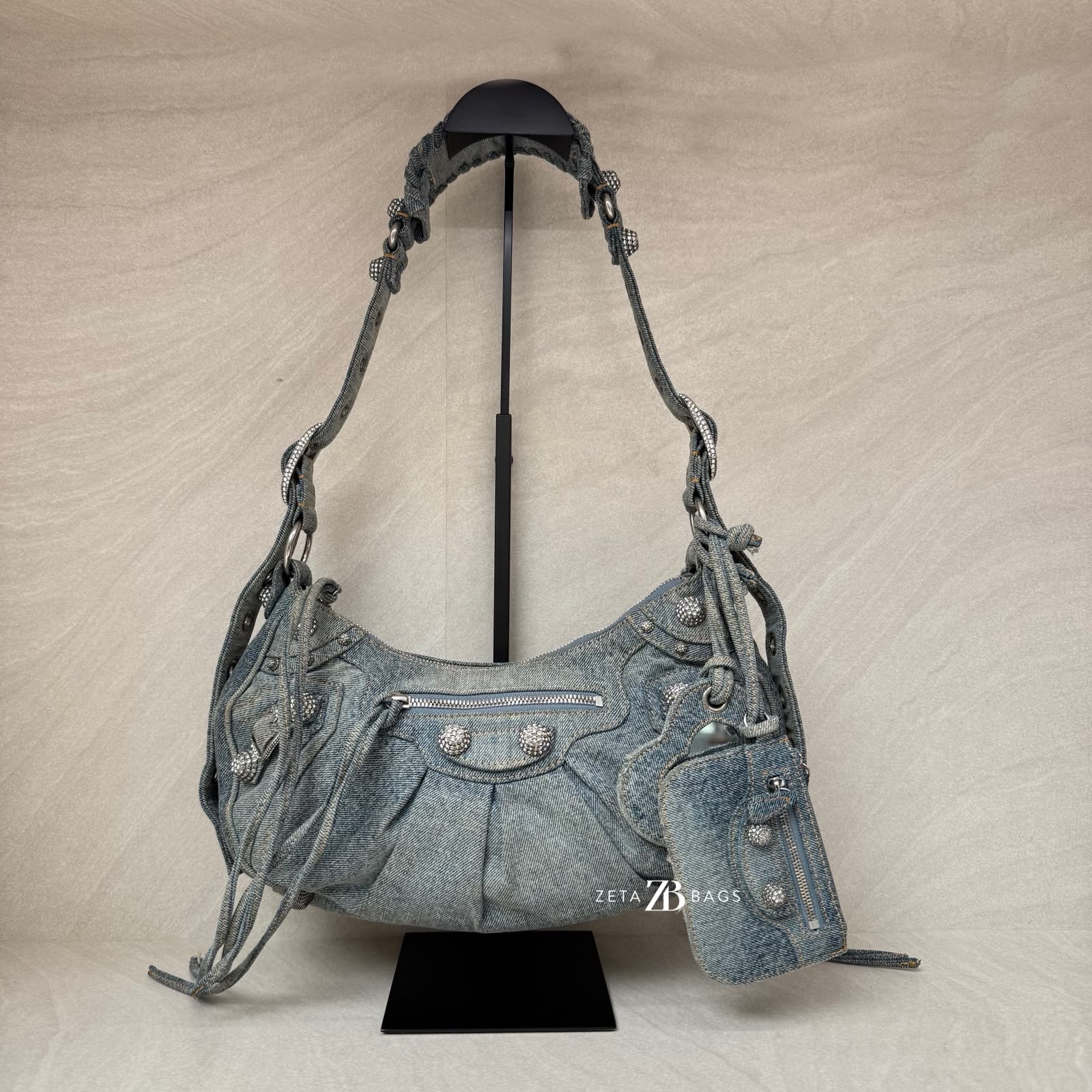 Balenciaga Small Le Cagole Blue Distressed Denim Crystal SHW