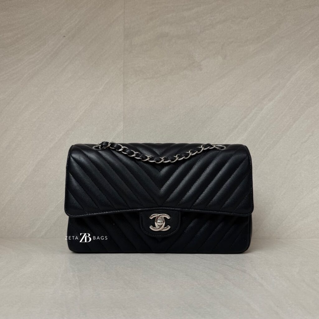 Chanel Medium Classic D Flap Chevron Caviar Black SHW
