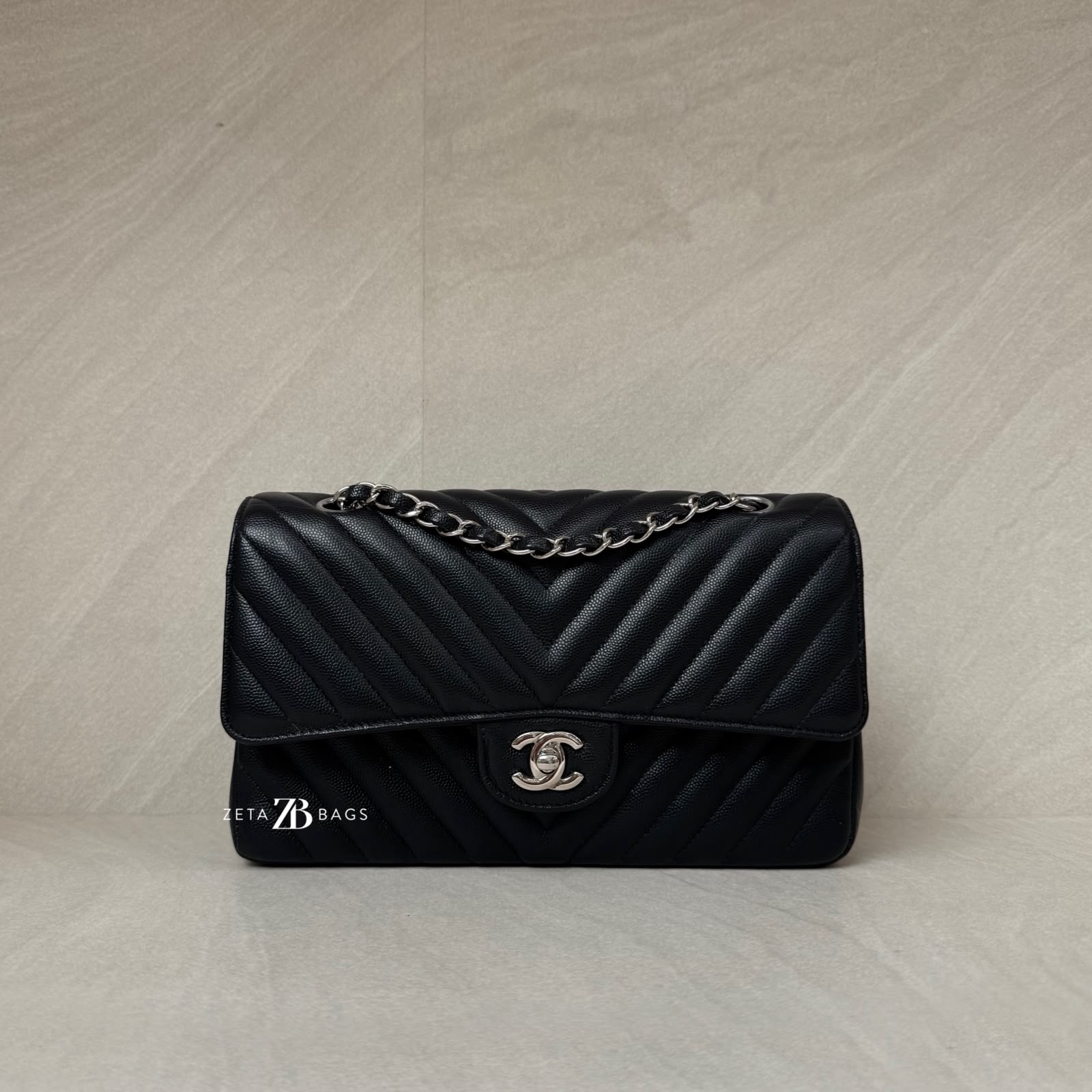 Chanel Medium Classic D Flap Chevron Caviar Black SHW