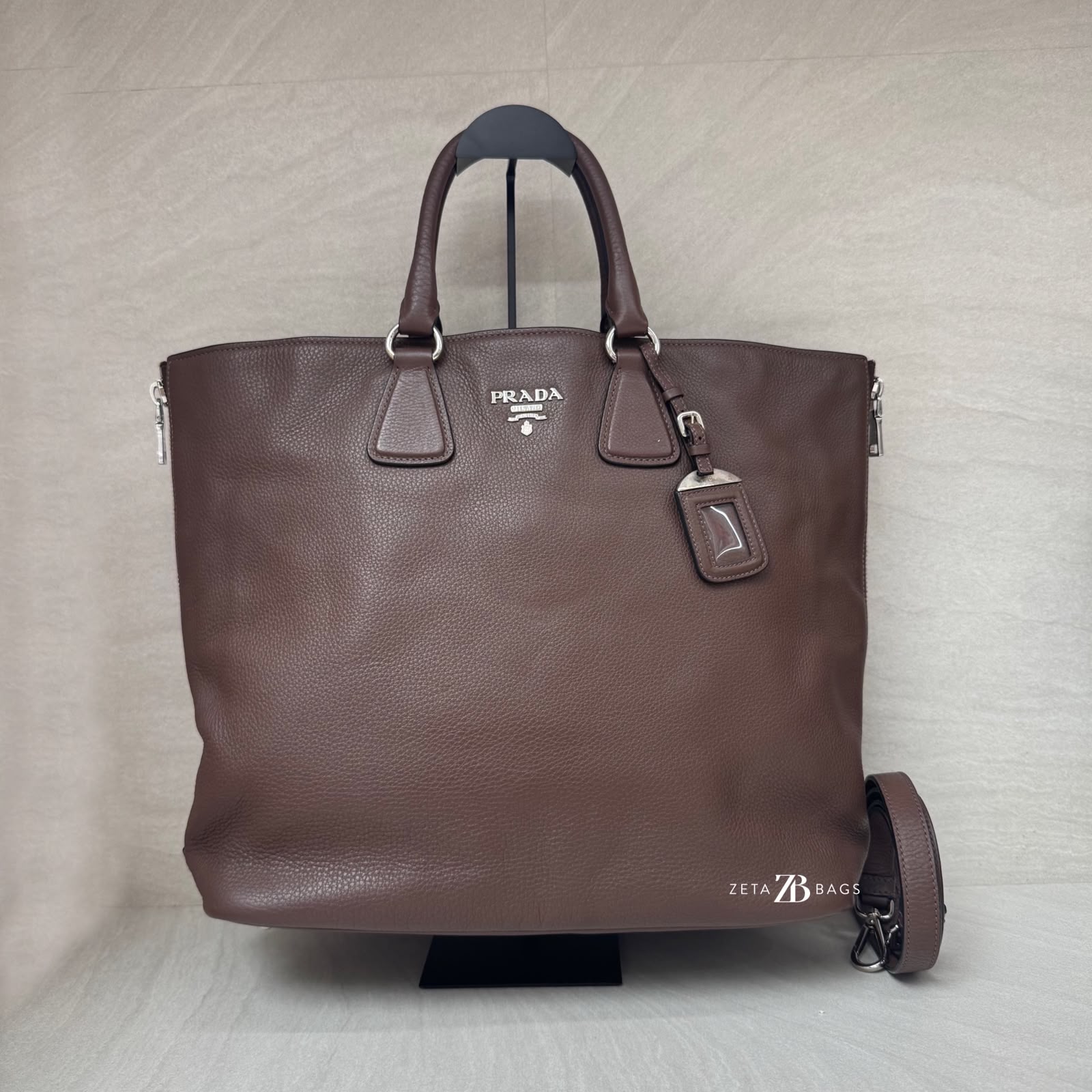 Prada Shopping Tote Side Zip Vitello Phenix Dark Brown /Bruciato SHW