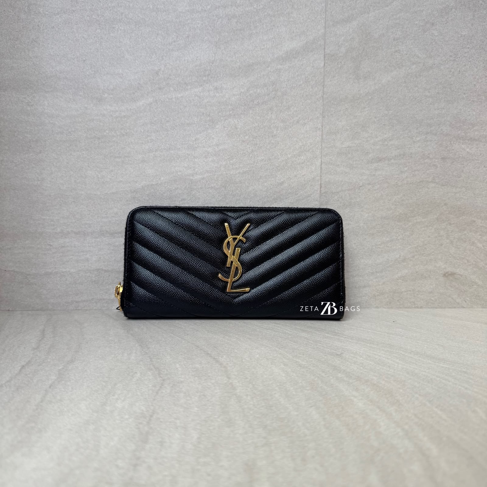Saint Laurent Cassandre Zip Long Black Grain GHW