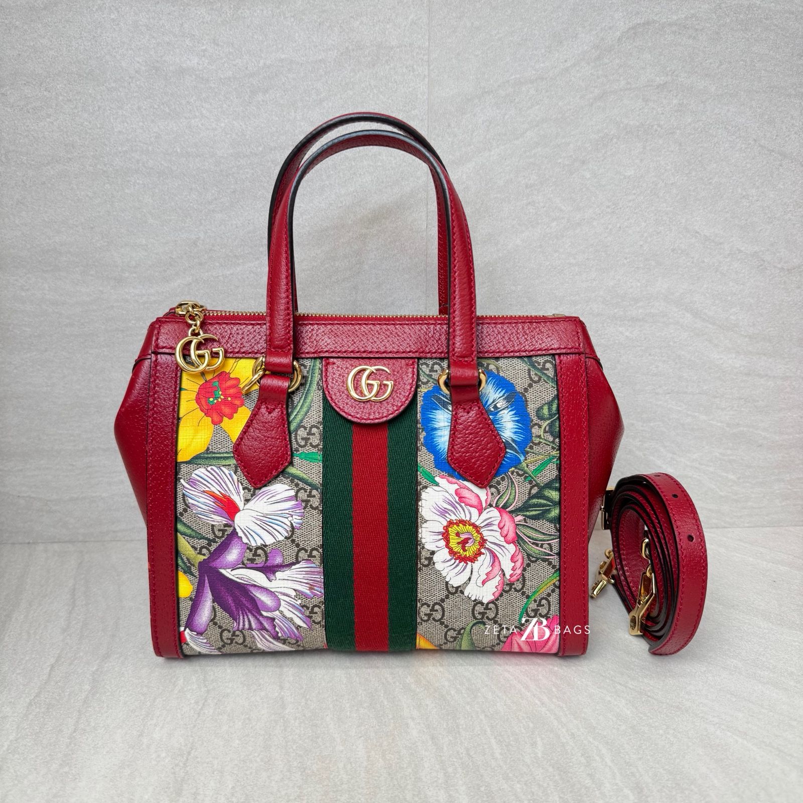 Gucci Ophidia Top Handle GG Supreme Flora Red GHW