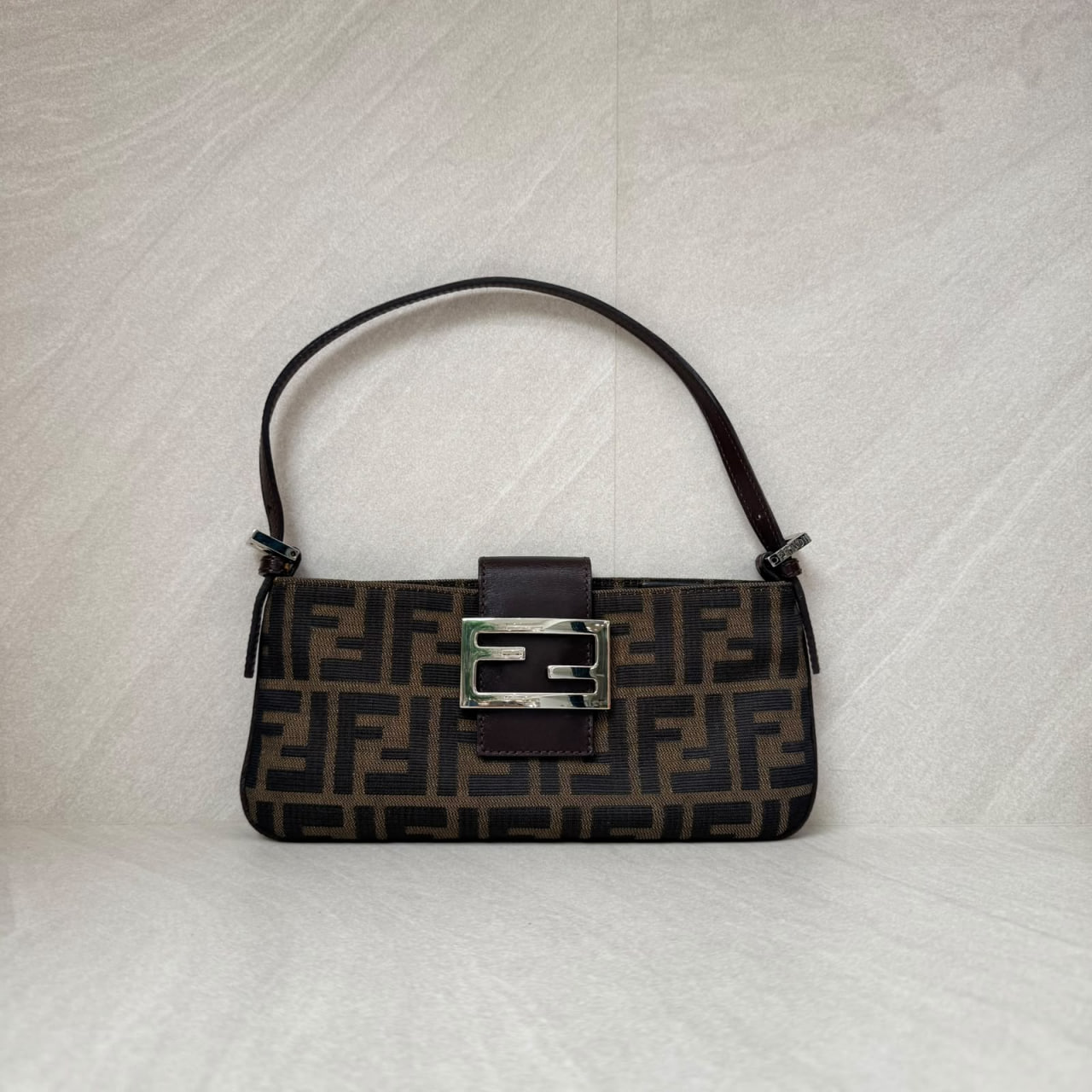 Fendi Pochette Flap Tobacco Zucca Canvas Brown Silver Hardware