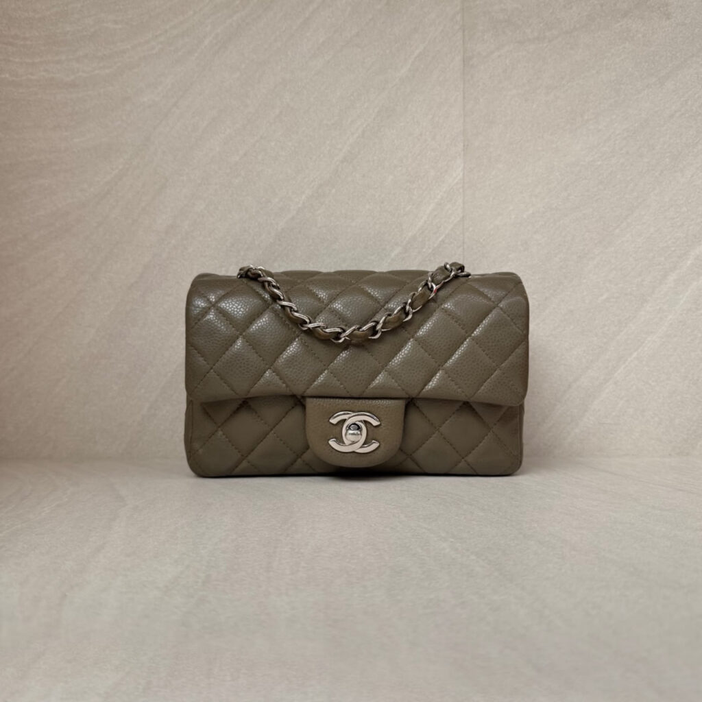 Chanel Mini Rectangular S Flap Caviar Khaki Silver Hardware