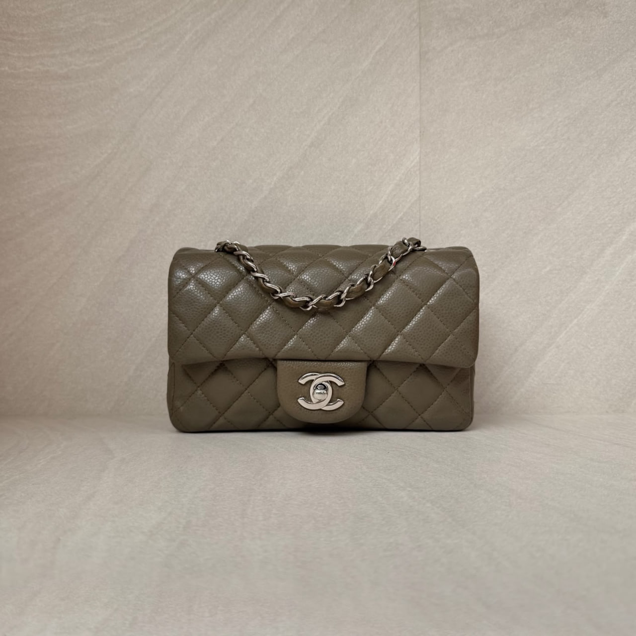Chanel Mini Rectangular S Flap Caviar Khaki Silver Hardware