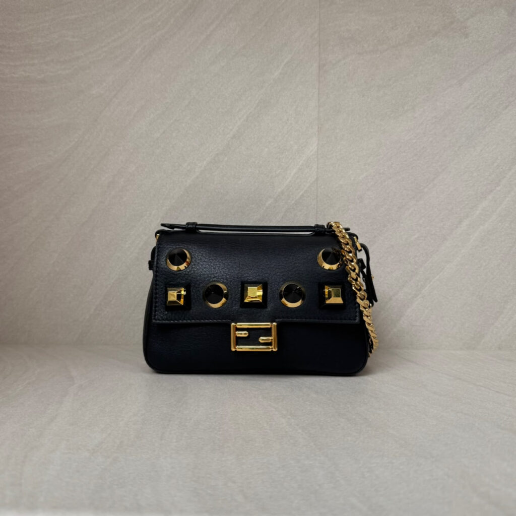 Fendi Double Baguette Studded Micro Black Gold Hardware