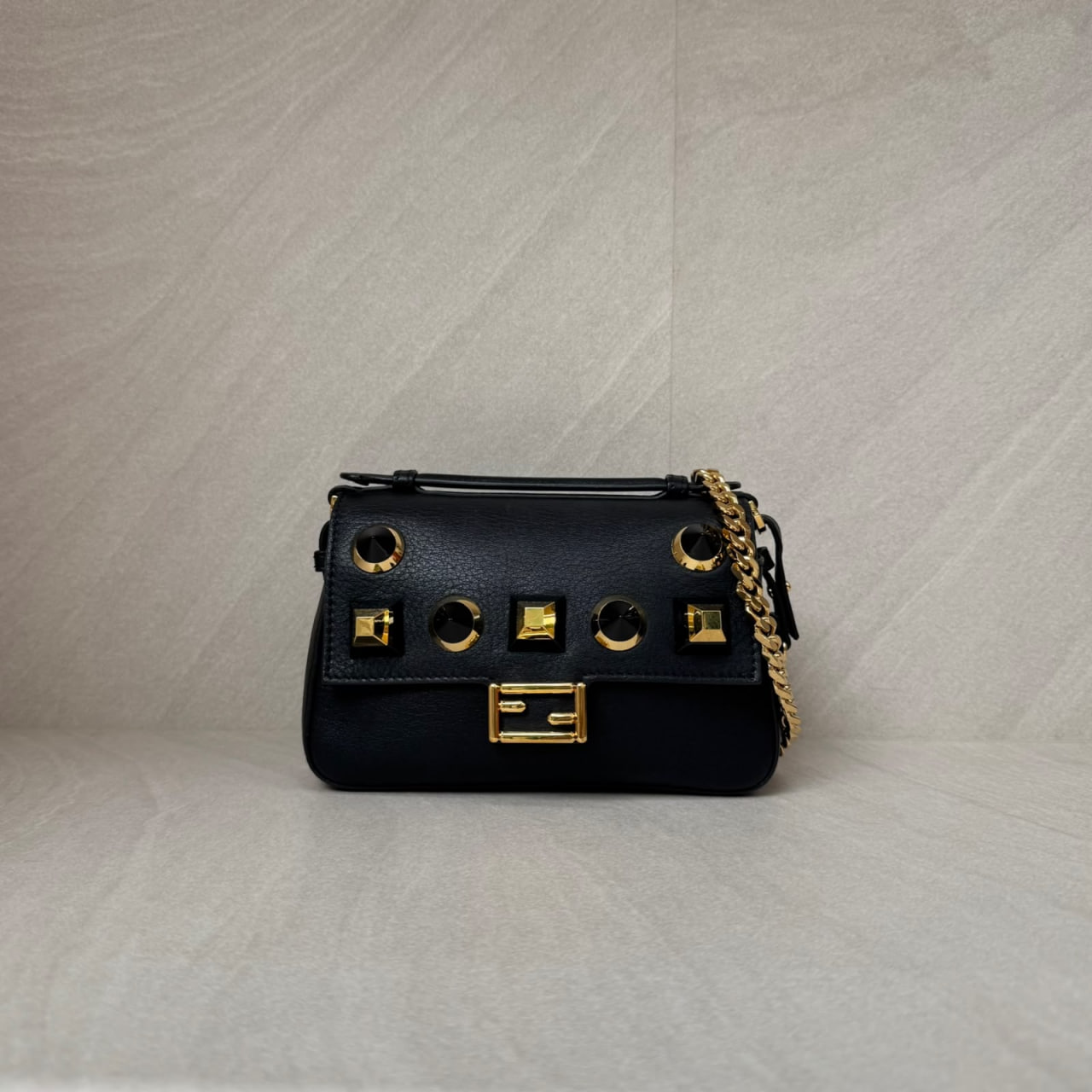 Fendi Double Baguette Studded Micro Black Gold Hardware