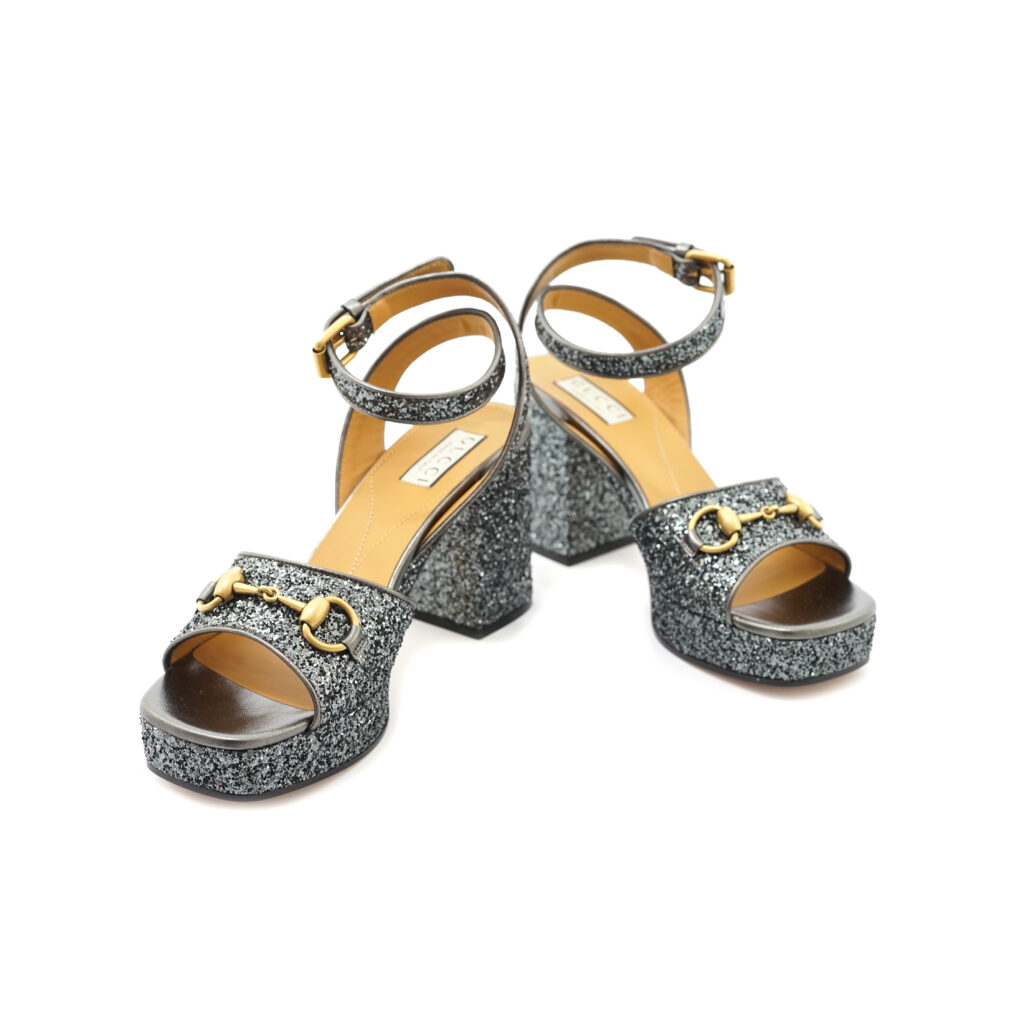 Gucci Lady Horsebit Platform Heels Soko Glitter Grey