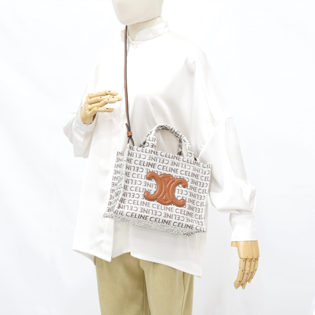Celine Small Cabas Canvas White Tan Logo GHW