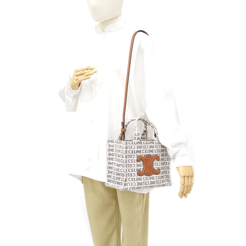 Celine Small Cabas Canvas White Tan Logo GHW