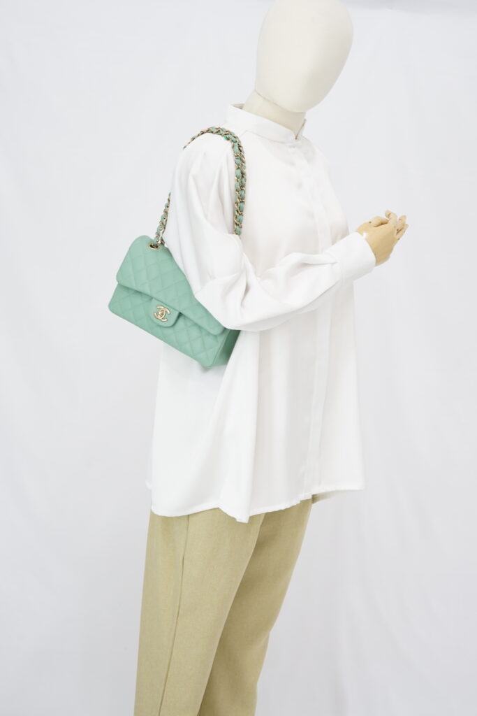 Chanel Small Classic D Flap Caviar Light Green SHW