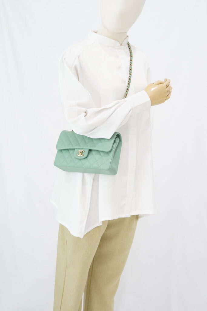Chanel Small Classic D Flap Caviar Light Green SHW