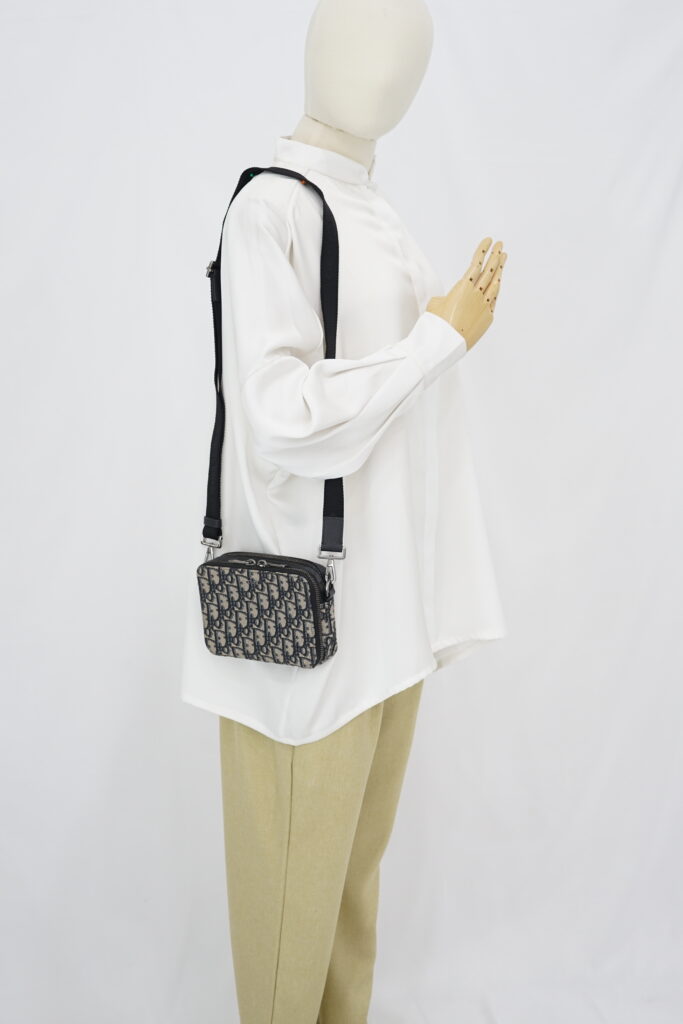 Dior Zipped Pouch With Strap Canvas Oblique Blue SHW