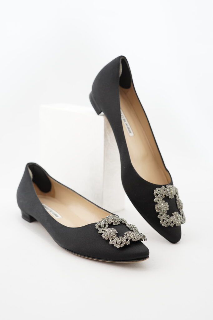 Manolo Blahnik Hangisi Flat Satin Black