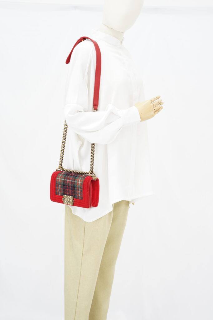 Chanel Boy Small Red Tartan Velvet GHW