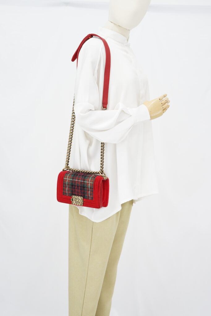 Chanel Boy Small Red Tartan Velvet GHW