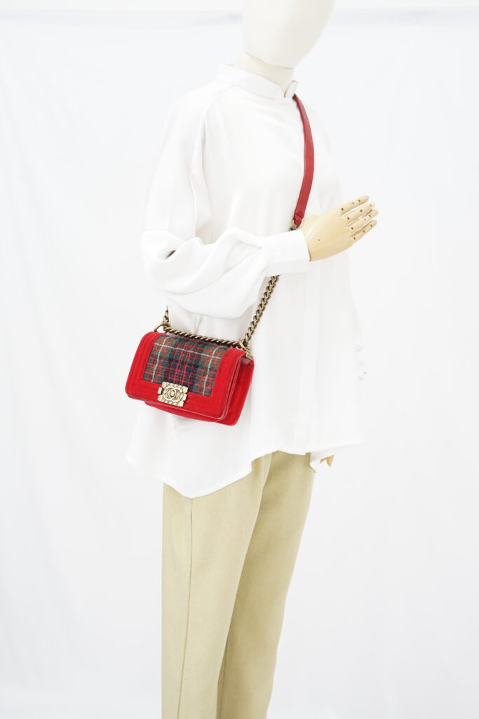 Chanel Boy Small Red Tartan Velvet GHW