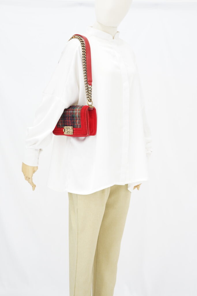 Chanel Boy Small Red Tartan Velvet GHW