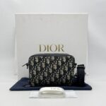 Dior Zipped Pouch With Strap Canvas Oblique Blue SHW