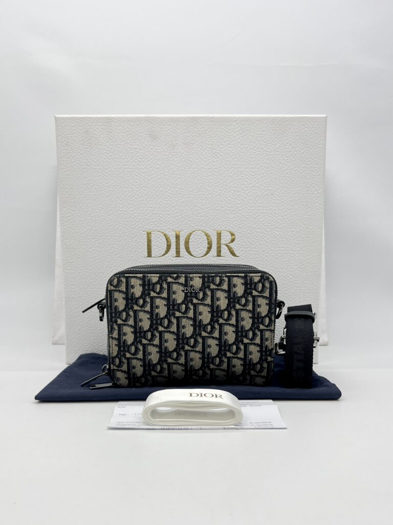 Dior Zipped Pouch With Strap Canvas Oblique Blue SHW