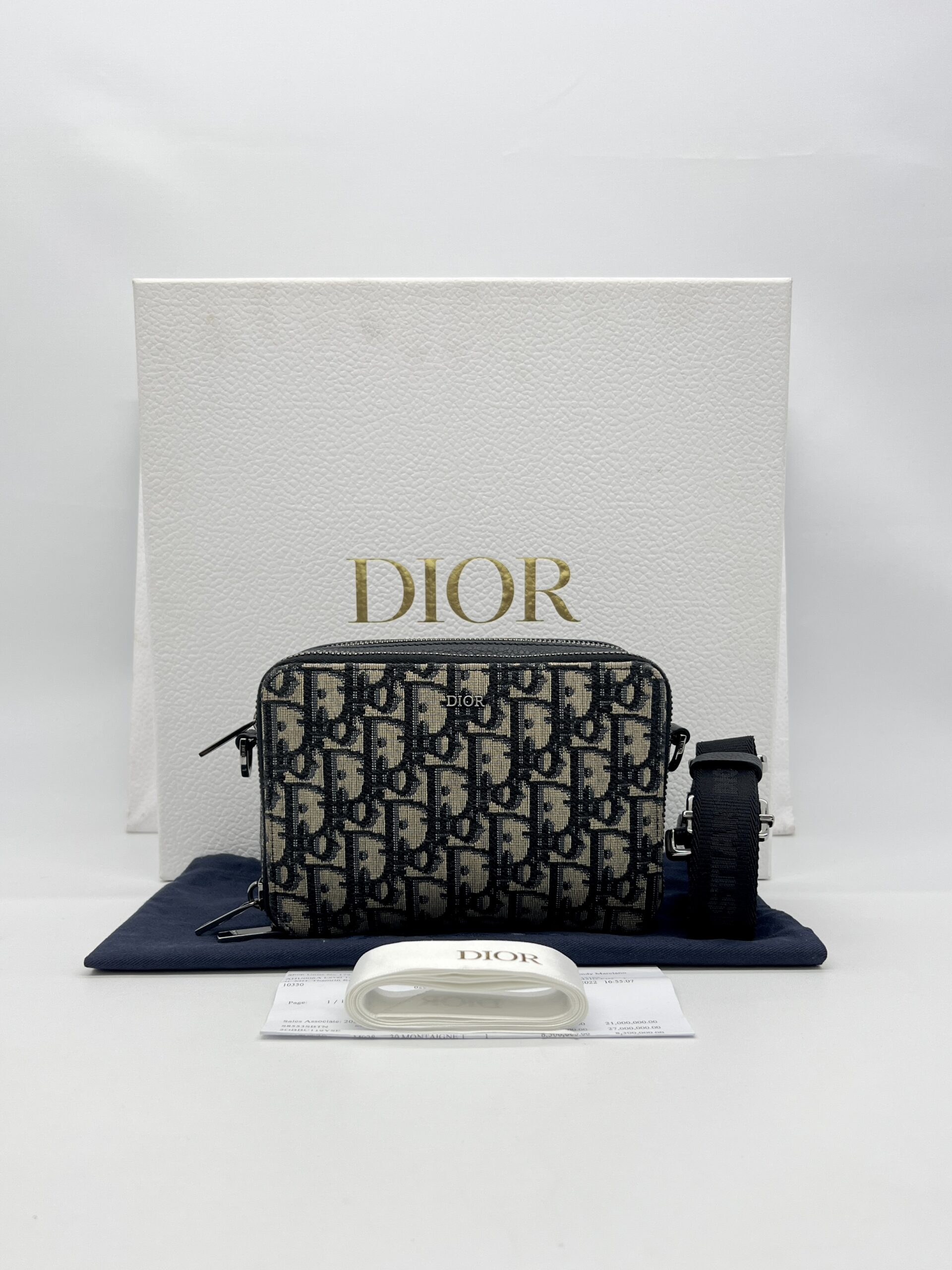 Dior Zipped Pouch With Strap Canvas Oblique Blue SHW