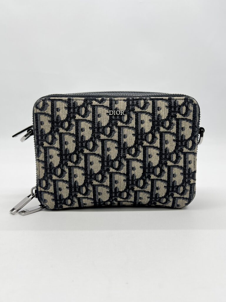 Dior Zipped Pouch With Strap Canvas Oblique Blue SHW