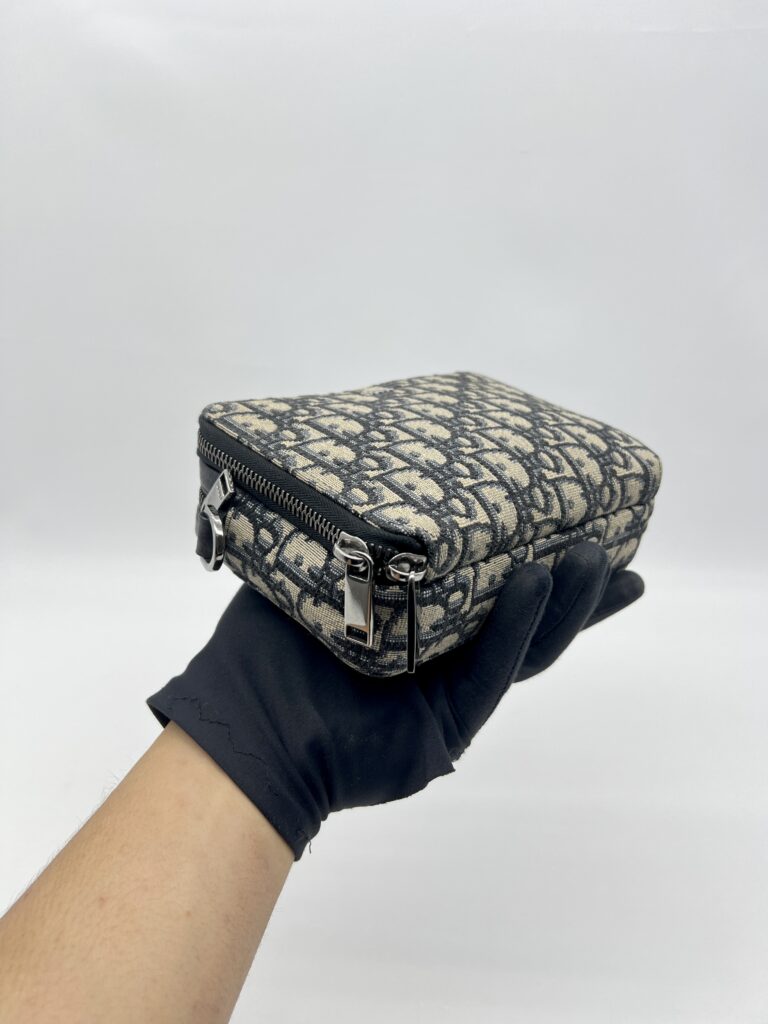 Dior Zipped Pouch With Strap Canvas Oblique Blue SHW