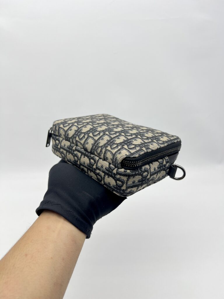 Dior Zipped Pouch With Strap Canvas Oblique Blue SHW