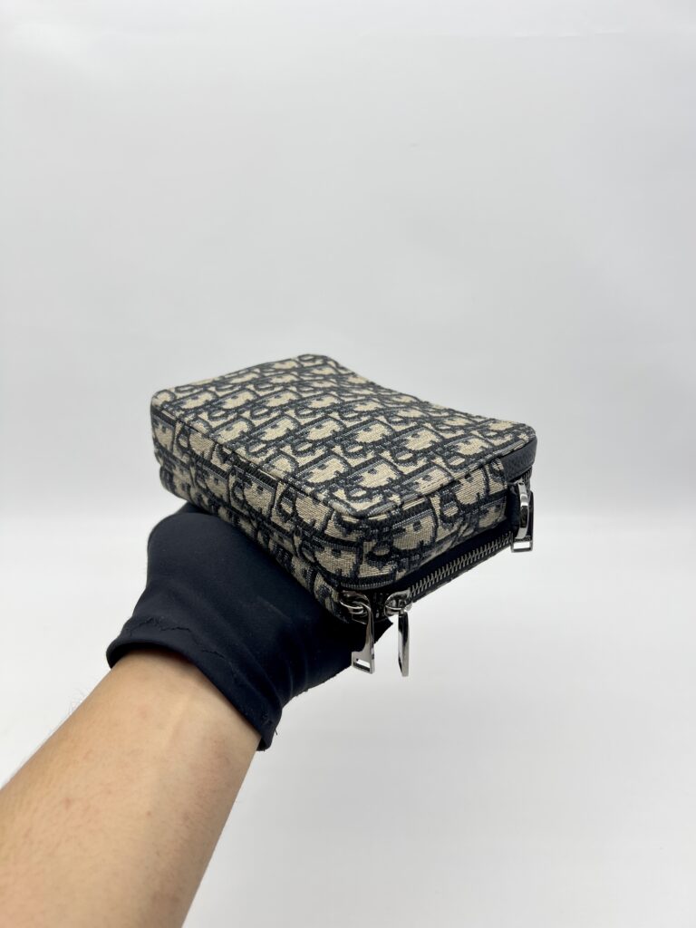 Dior Zipped Pouch With Strap Canvas Oblique Blue SHW