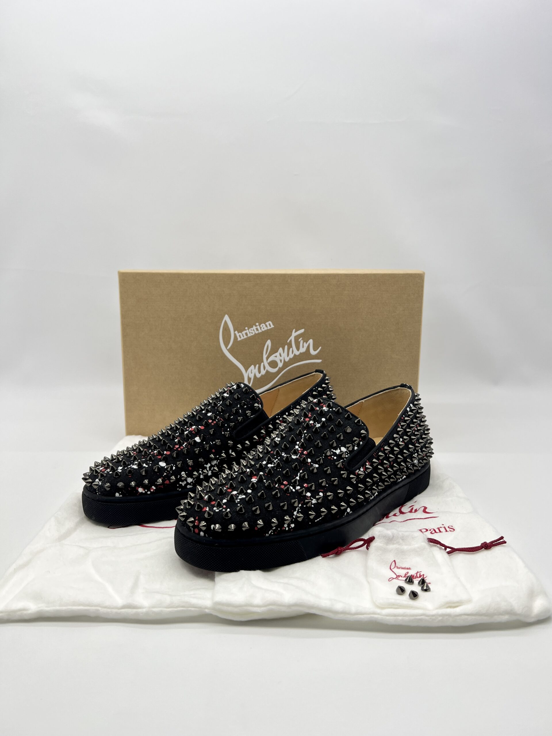 Christian Louboutin Roller Boat Slip On Toile Splash Black Red White