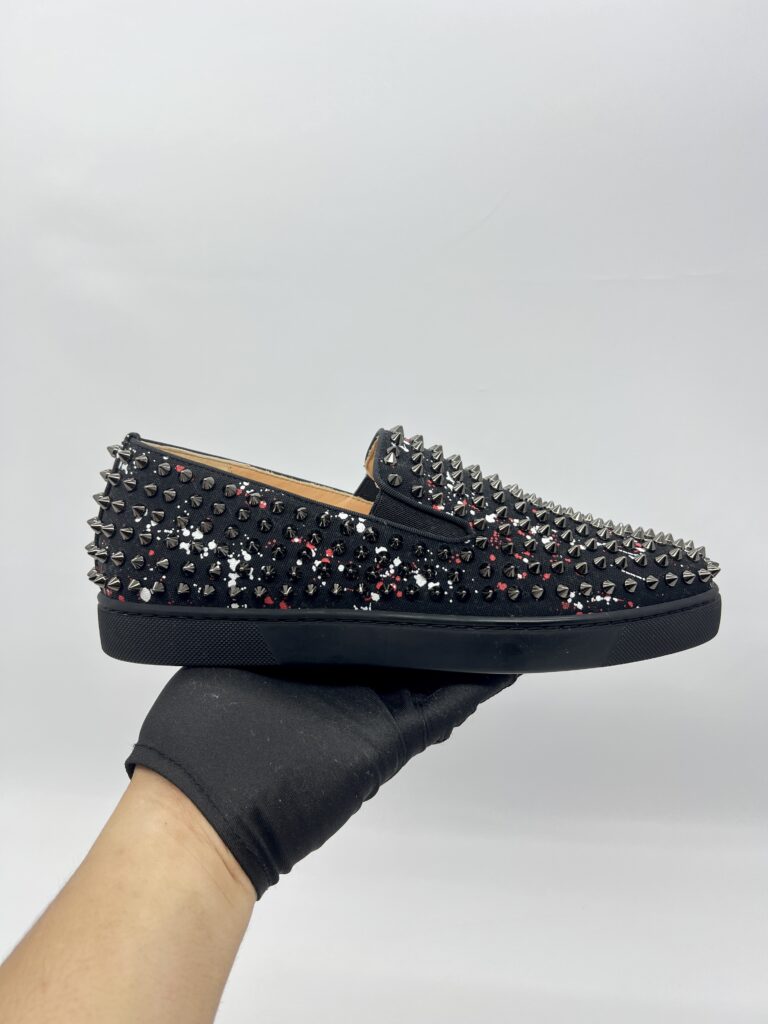 Christian Louboutin Roller Boat Slip On Toile Splash Black Red White