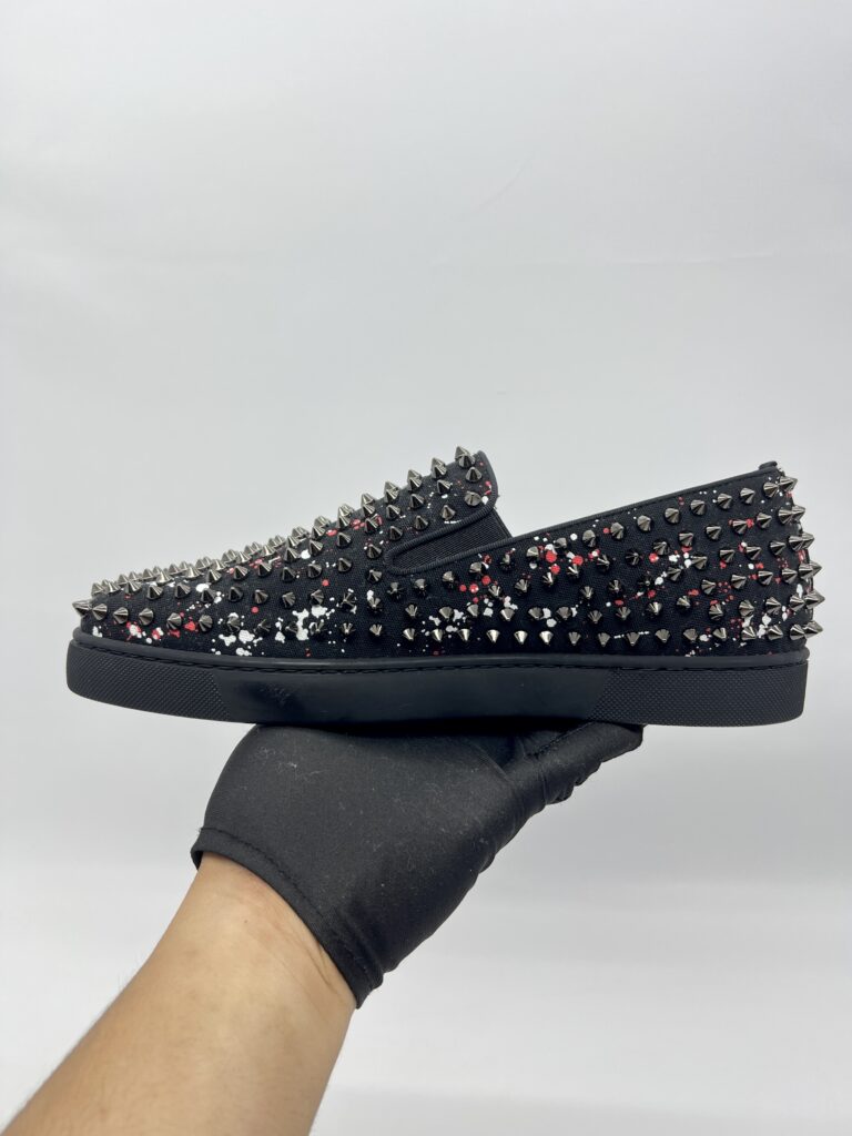 Christian Louboutin Roller Boat Slip On Toile Splash Black Red White