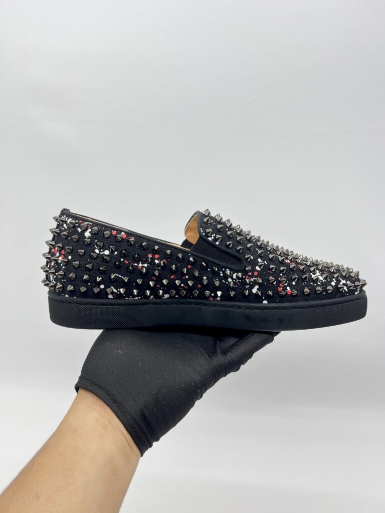 Christian Louboutin Roller Boat Slip On Toile Splash Black Red White