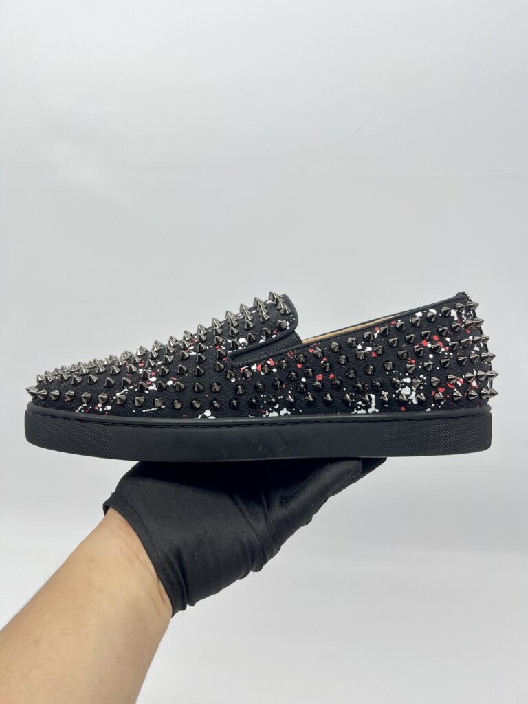 Christian Louboutin Roller Boat Slip On Toile Splash Black Red White
