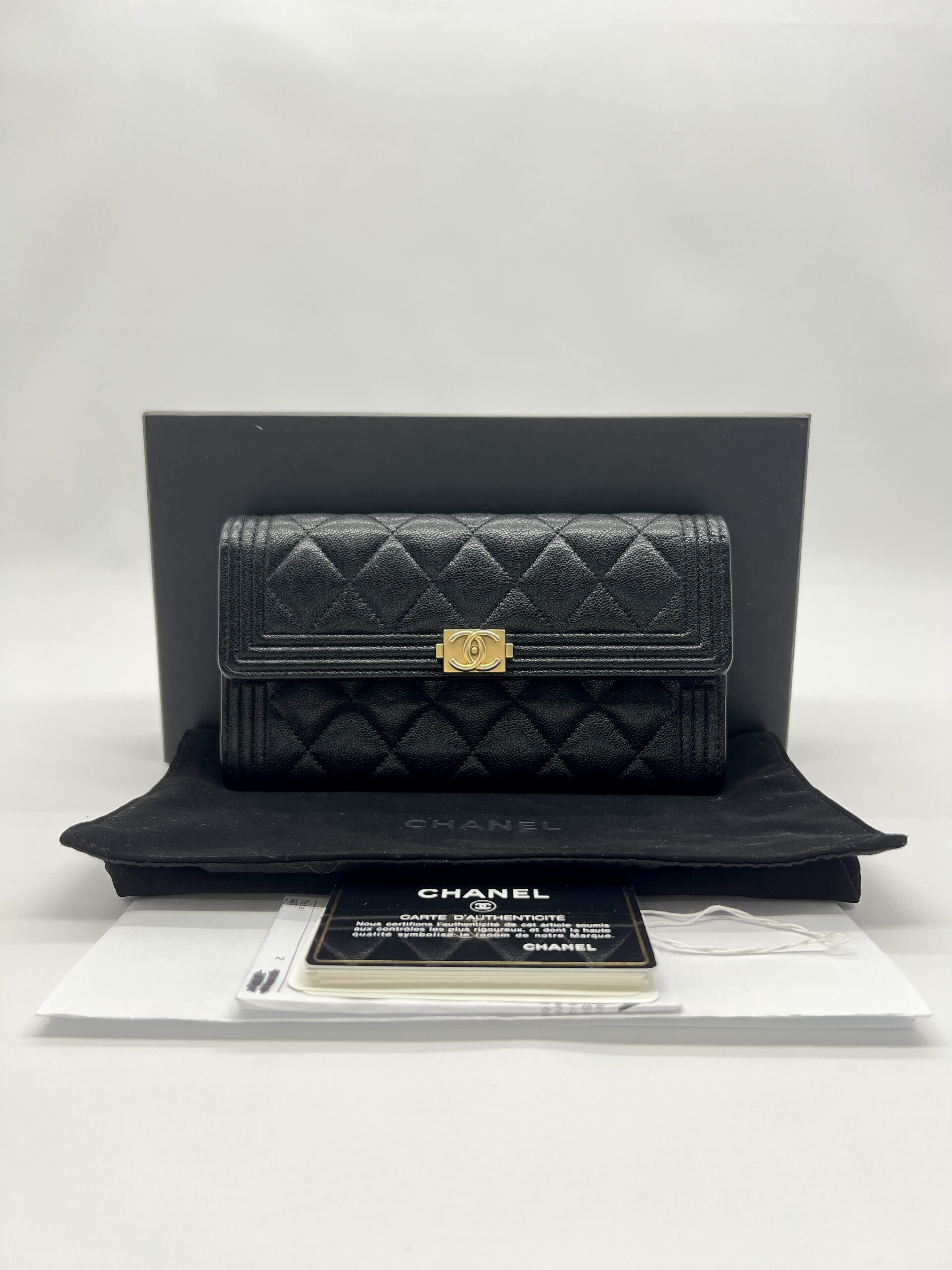 Chanel Boy Long Wallet Black Caviar GHW