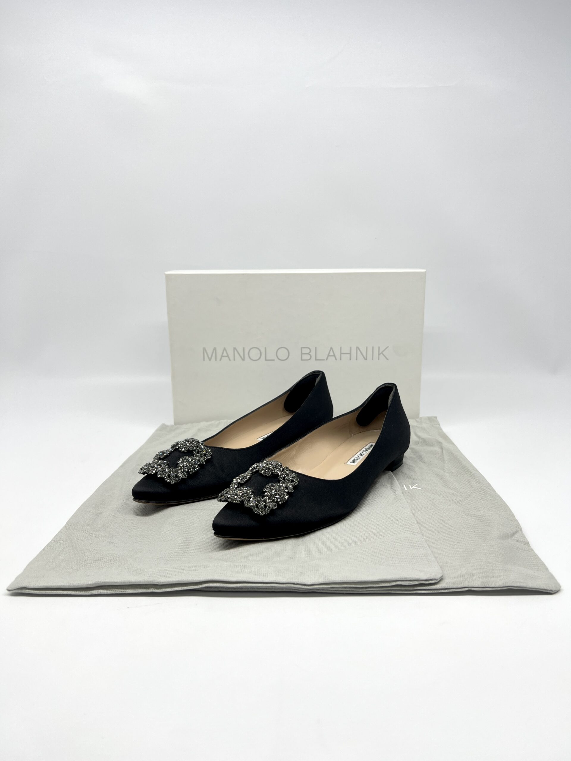 Manolo Blahnik Hangisi Flat Satin Black