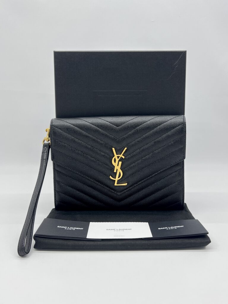 Saint Laurent Envelope Wristlet Grained Black GHW