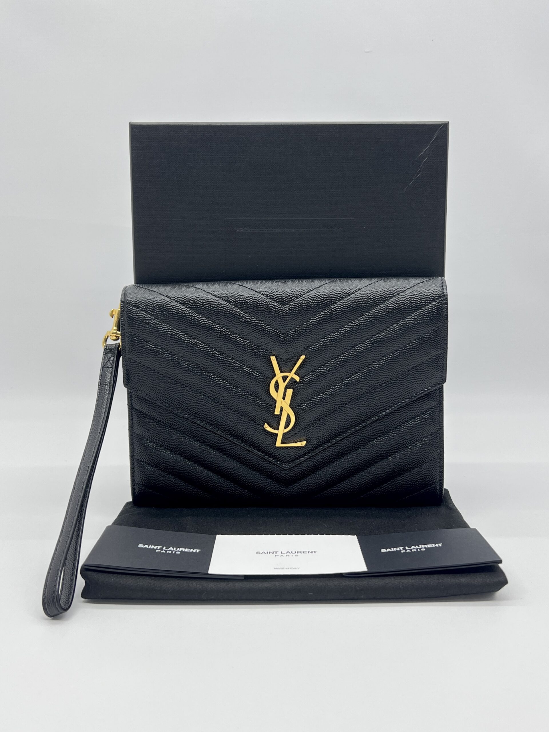 Saint Laurent Envelope Wristlet Grained Black GHW