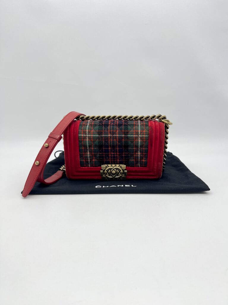 Chanel Boy Small Red Tartan Velvet GHW