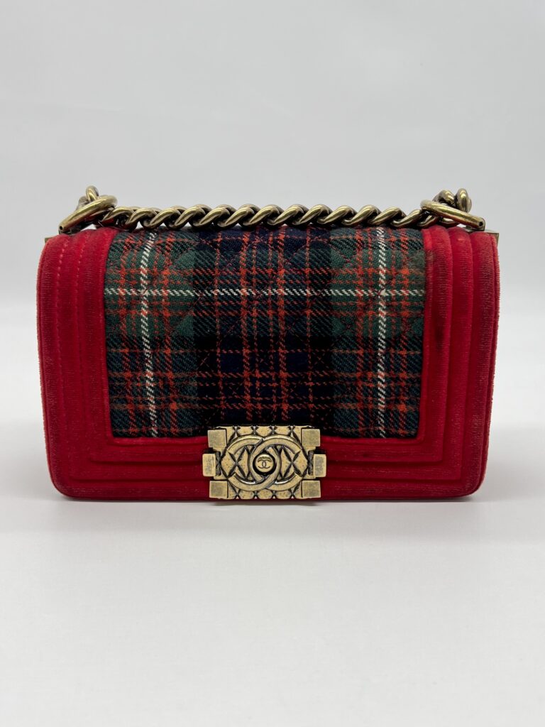 Chanel Boy Small Red Tartan Velvet GHW