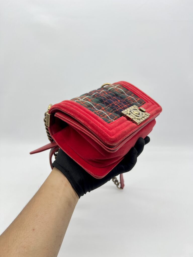 Chanel Boy Small Red Tartan Velvet GHW