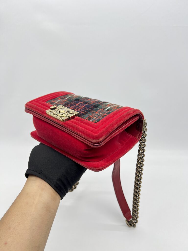 Chanel Boy Small Red Tartan Velvet GHW