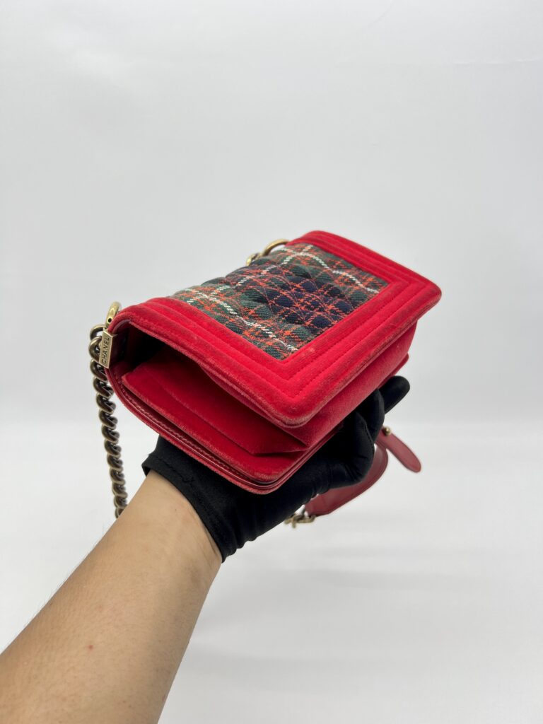 Chanel Boy Small Red Tartan Velvet GHW