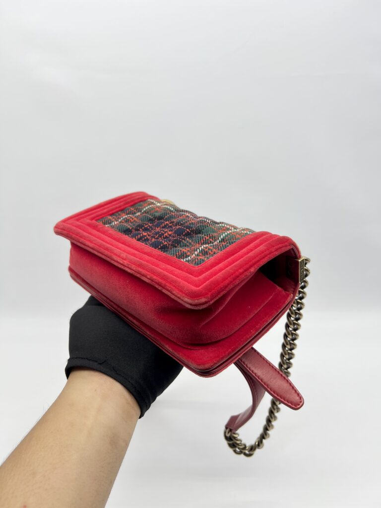 Chanel Boy Small Red Tartan Velvet GHW