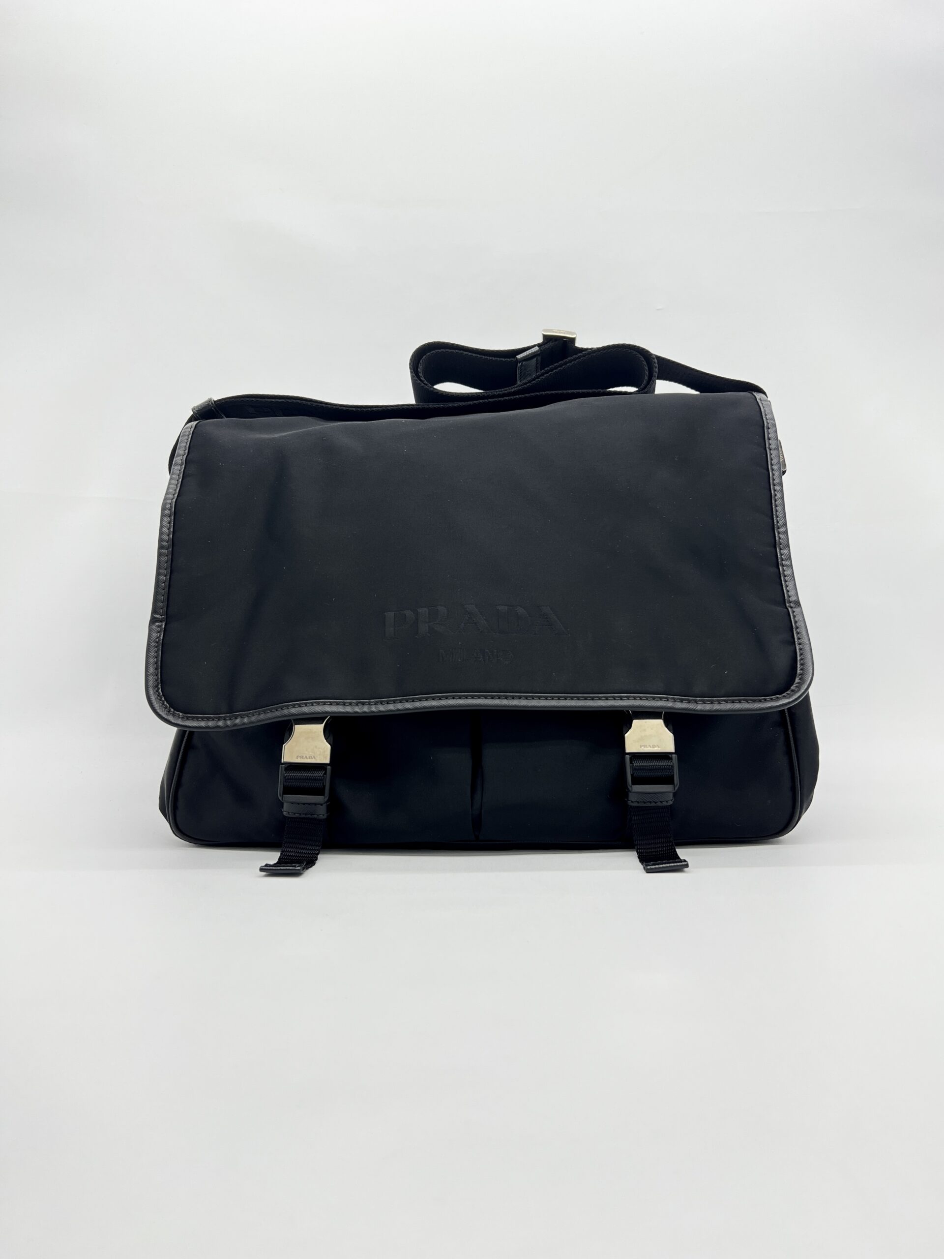 Prada Flap Messenger Bag Tessuto Saffiano Nylon Black SHW