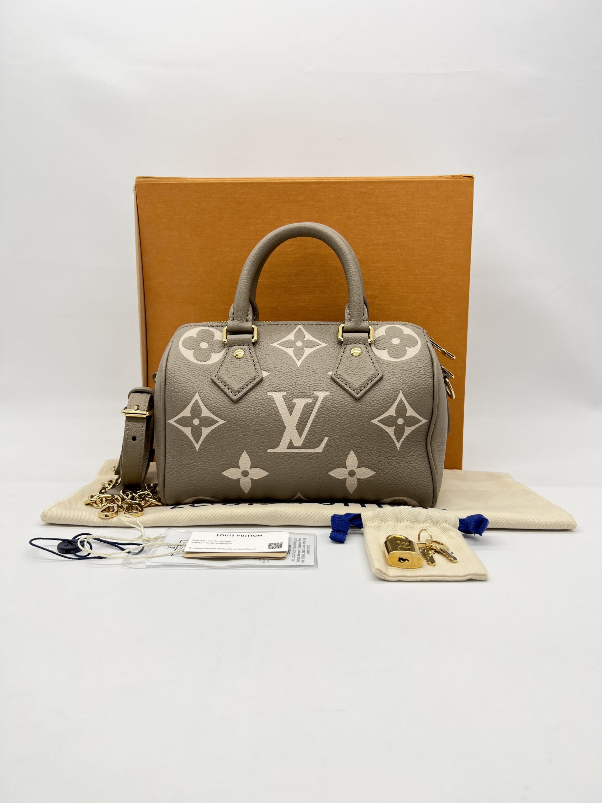 Louis Vuitton Speedy Bandou 20 Monogram Empreinte Tourterelle Creme GHW