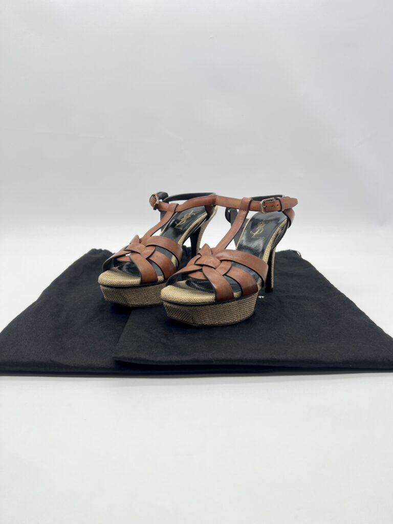 Saint Laurent Tribute Heels Brown Leather Canvas
