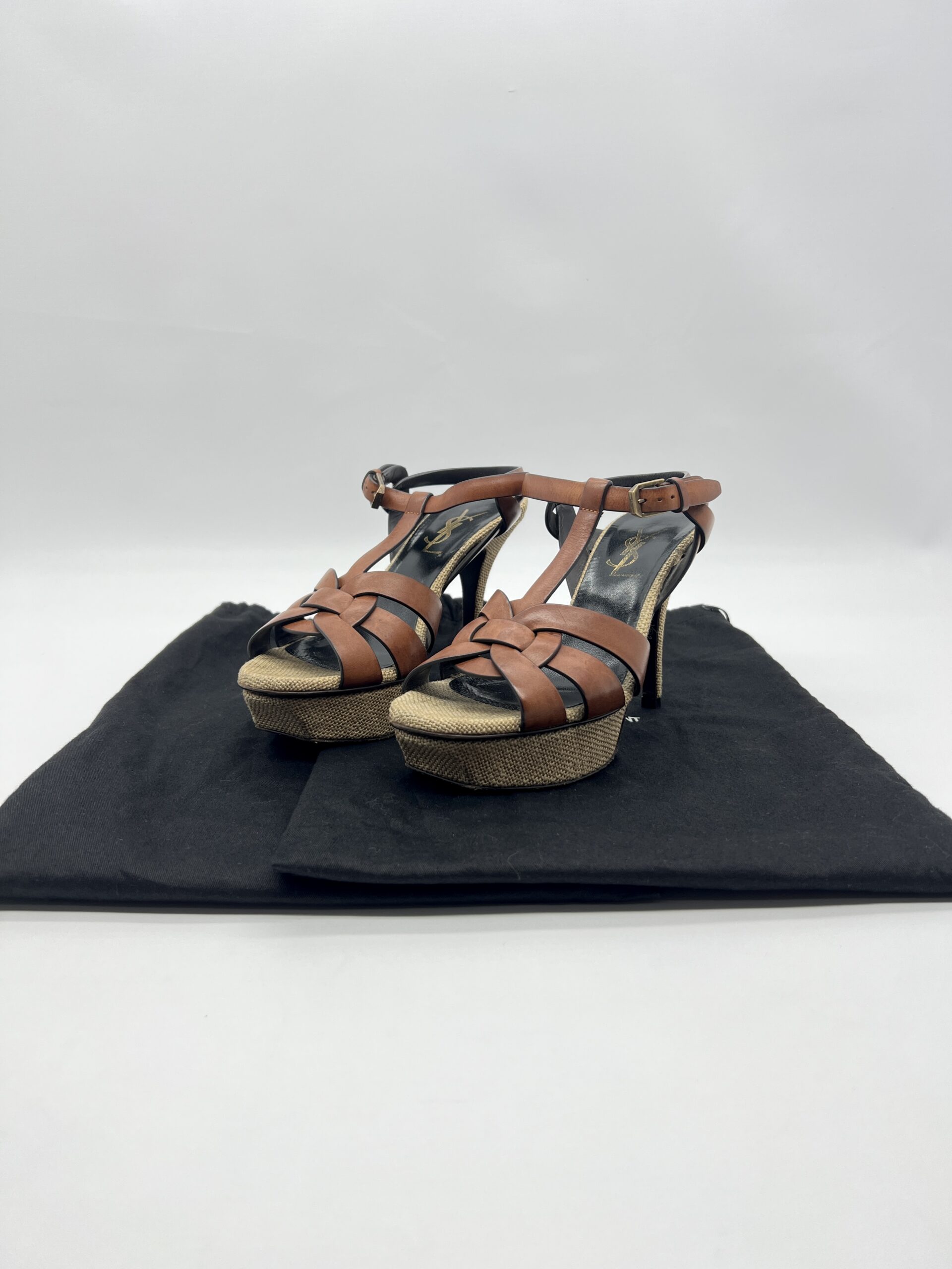 Saint Laurent Tribute Heels Brown Leather Canvas