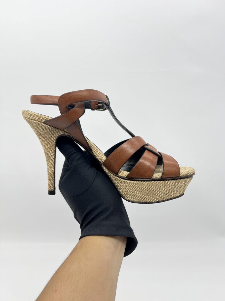 Saint Laurent Tribute Heels Brown Leather Canvas